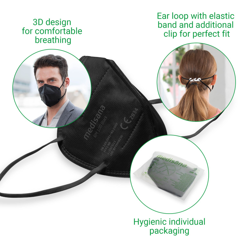 RM 100 (schwarz) 100x FFP2 Atemschutzmaske für Apotheken, Einrichtungen und  Unternehmen medisana®